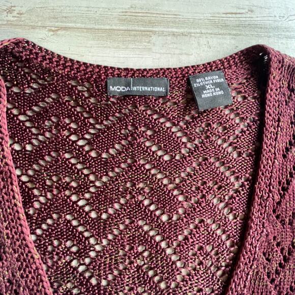 MODA International Burgundy Wine Gold Lurex Knit Cardigan Sweater SZ XL C101355 - Picture 2 of 6